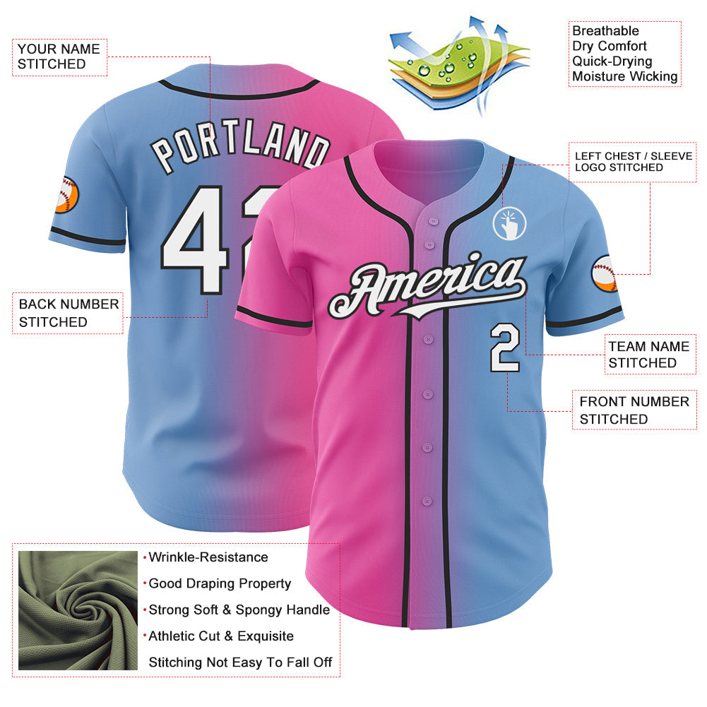 Custom Light Blue White Pink-Black Authentic Gradient Fashion Baseball Jersey view 3