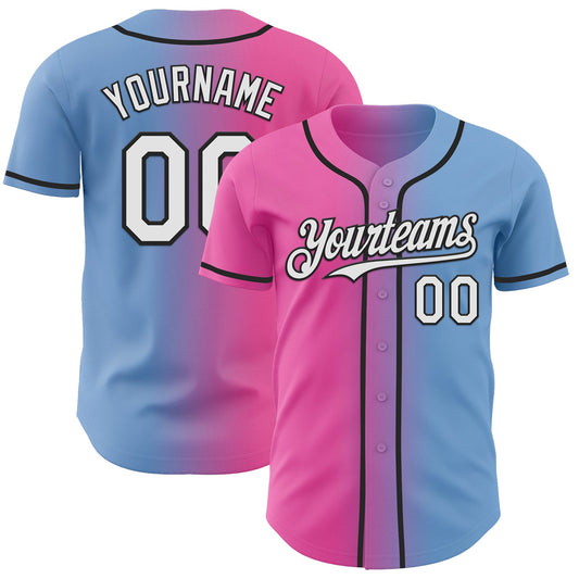 Custom Light Blue White Pink-Black Authentic Gradient Fashion Baseball Jersey - Main View