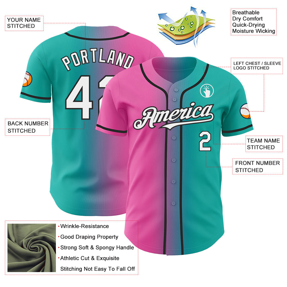 Custom Aqua White Pink-Black Authentic Gradient Fashion Baseball Jersey view 3
