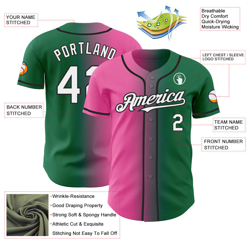 Custom Kelly Green White Pink-Black Authentic Gradient Fashion Baseball Jersey view 3