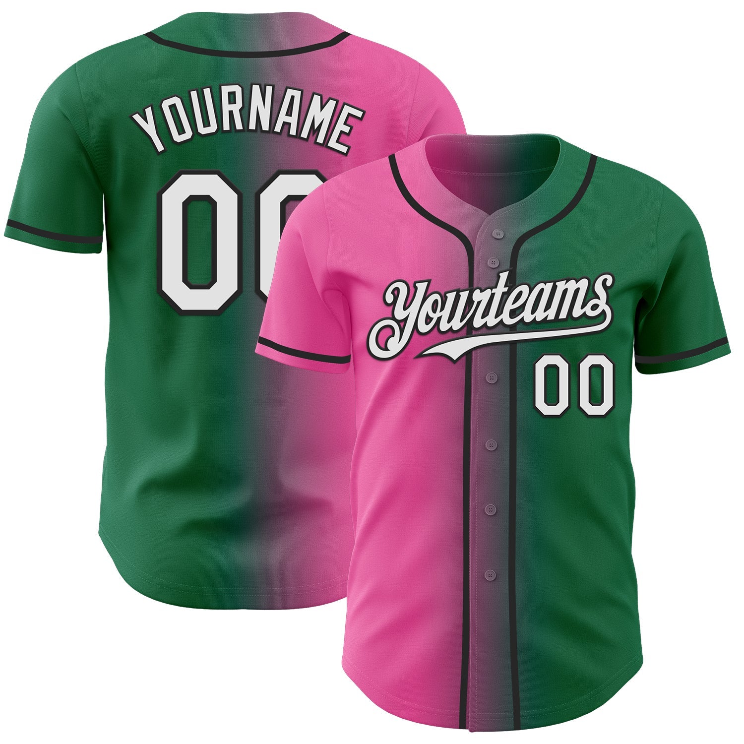 Custom Kelly Green White Pink-Black Authentic Gradient Fashion Baseball Jersey - Main View