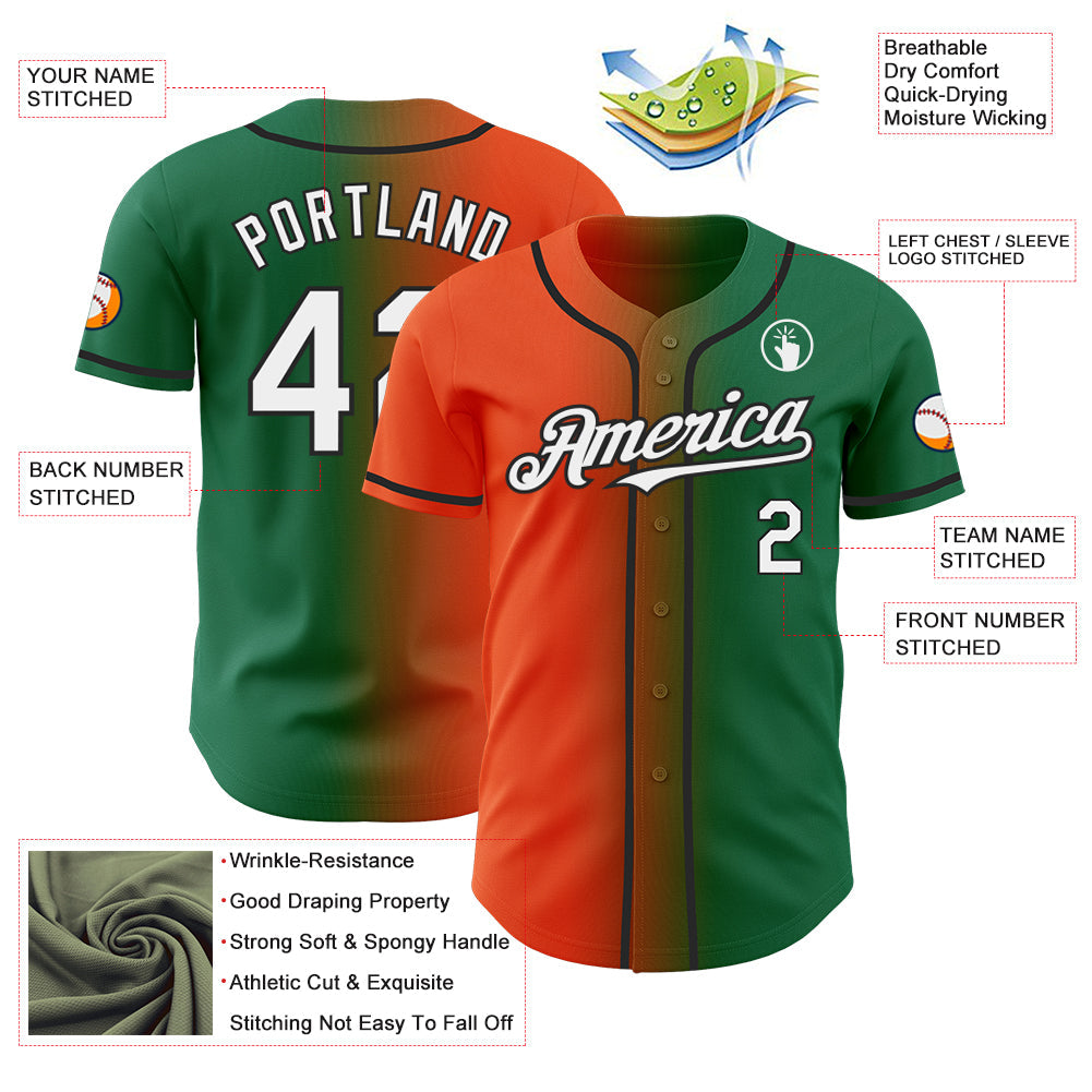 Custom Kelly Green White Orange-Black Authentic Gradient Fashion Baseball Jersey view 3