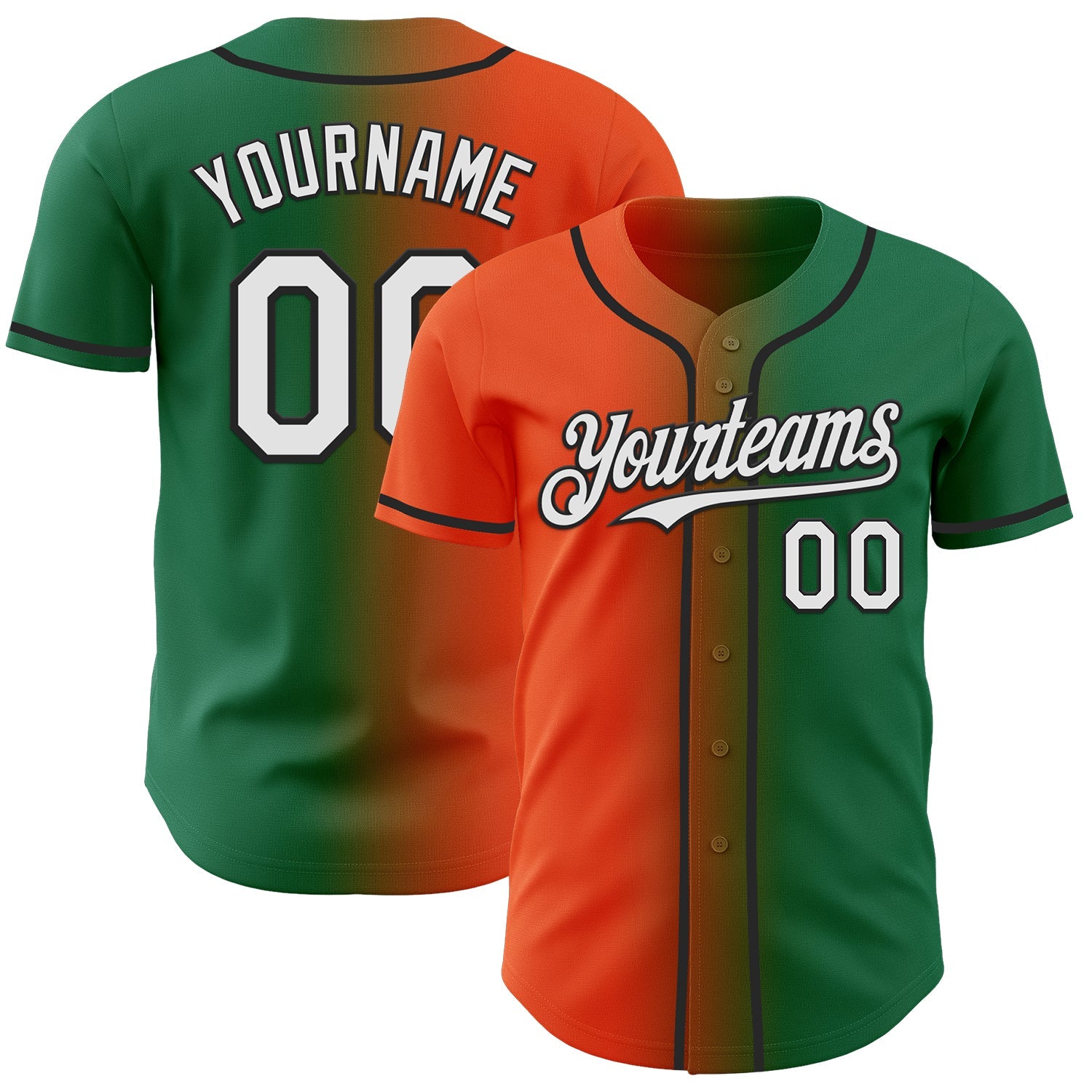 Custom Kelly Green White Orange-Black Authentic Gradient Fashion Baseball Jersey - Main View