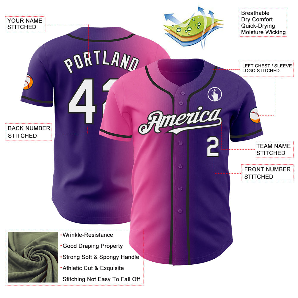 Custom Purple White Pink-Black Authentic Gradient Fashion Baseball Jersey view 3