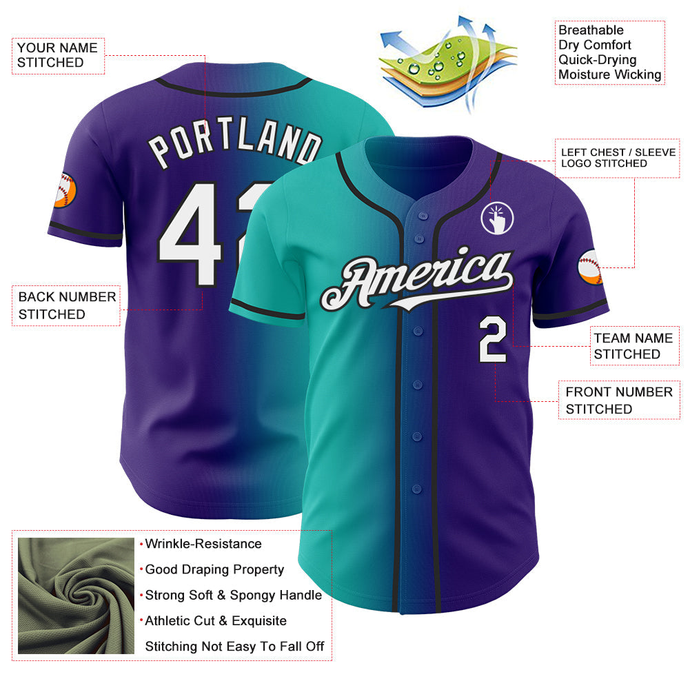 Custom Purple White Aqua-Black Authentic Gradient Fashion Baseball Jersey view 3
