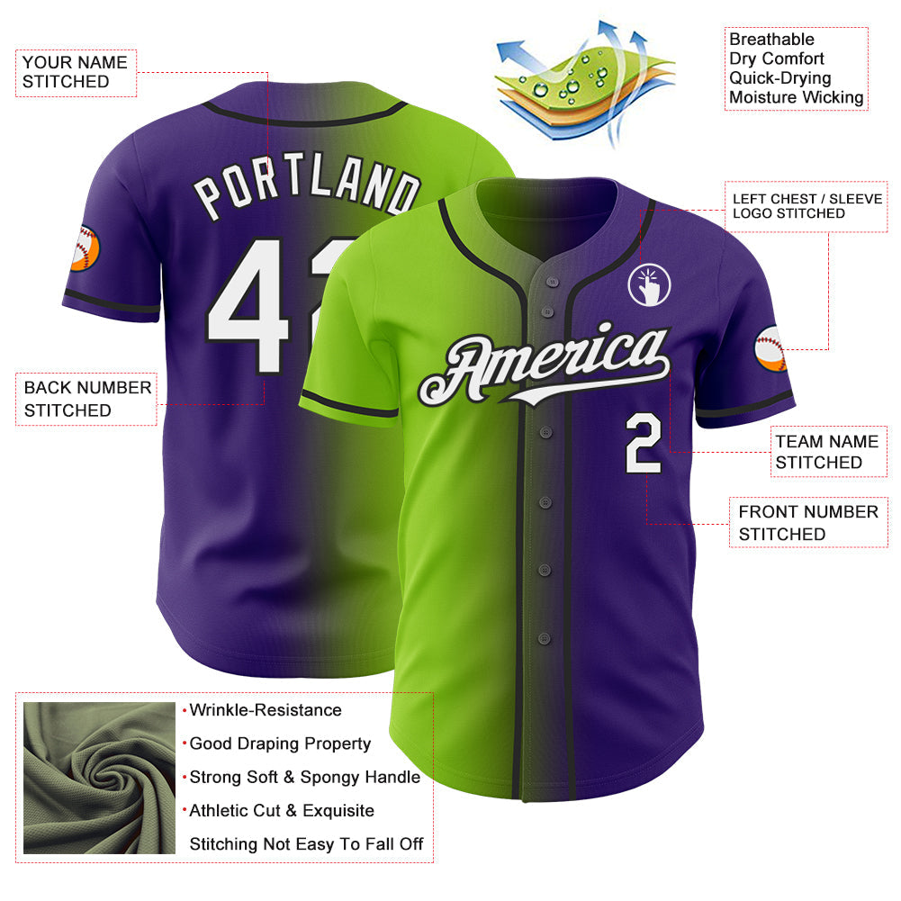 Custom Purple White Neon Green-Black Authentic Gradient Fashion Baseball Jersey view 3