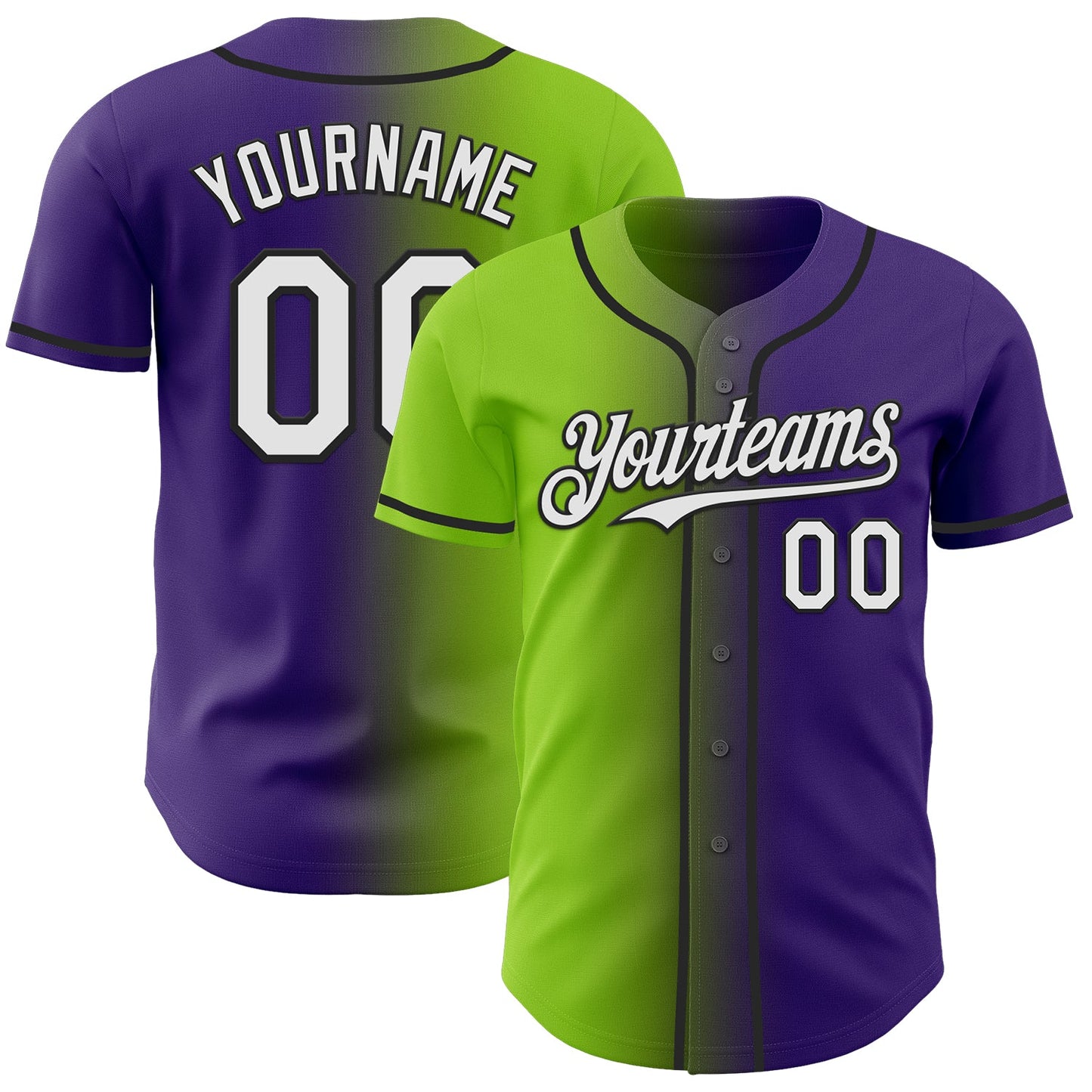 Custom Purple White Neon Green-Black Authentic Gradient Fashion Baseball Jersey - Main View