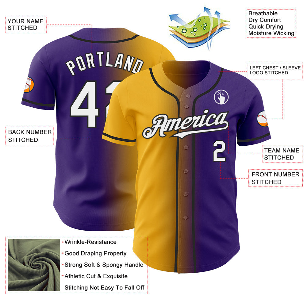 Custom Purple White Gold-Black Authentic Gradient Fashion Baseball Jersey view 3