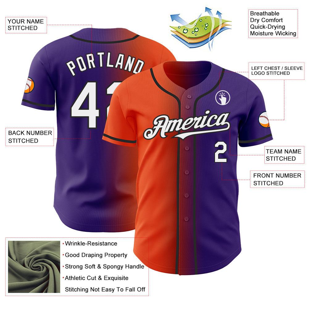 Custom Purple White Orange-Black Authentic Gradient Fashion Baseball Jersey view 3