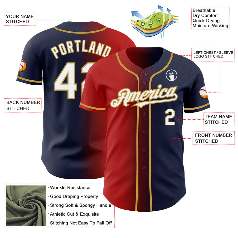 Custom Navy White Red-Old Gold Authentic Gradient Fashion Baseball Jersey view 3