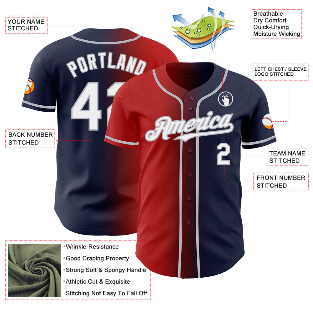 Custom Navy White Red-Gray Authentic Gradient Fashion Baseball Jersey view 3