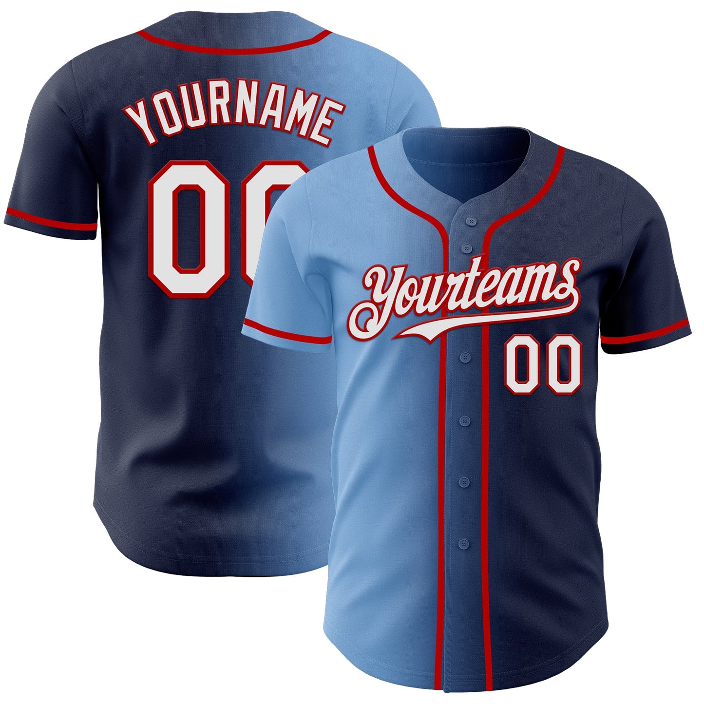 Custom Navy White Light Blue-Red Authentic Gradient Fashion Baseball Jersey - Main View