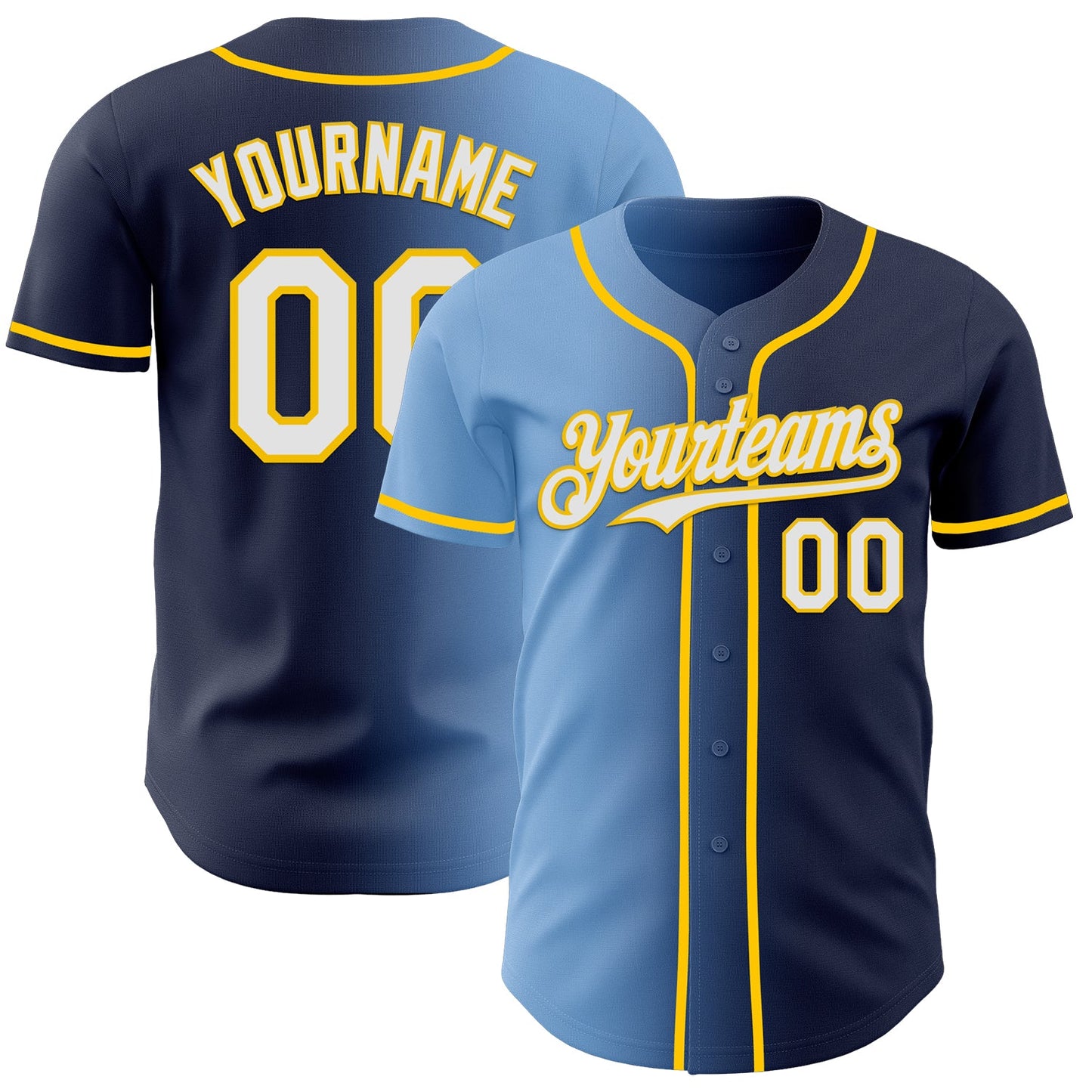Custom Navy White Light Blue-Yellow Authentic Gradient Fashion Baseball Jersey - Main View