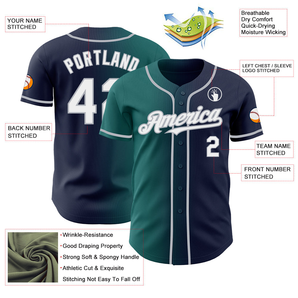 Custom Navy White Teal-Gray Authentic Gradient Fashion Baseball Jersey view 3