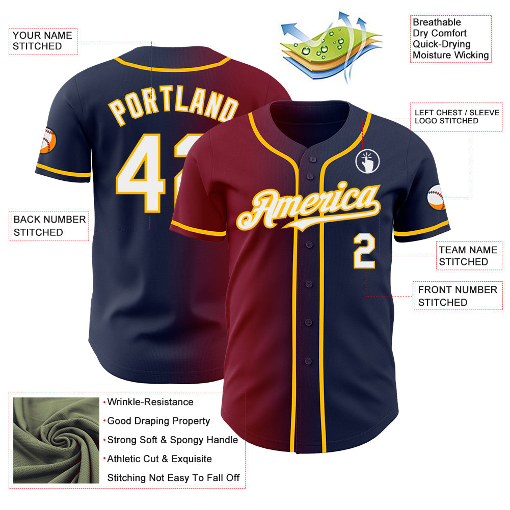 Custom Navy White Crimson-Gold Authentic Gradient Fashion Baseball Jersey view 3