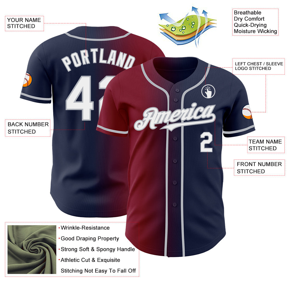 Custom Navy White Crimson-Gray Authentic Gradient Fashion Baseball Jersey view 3