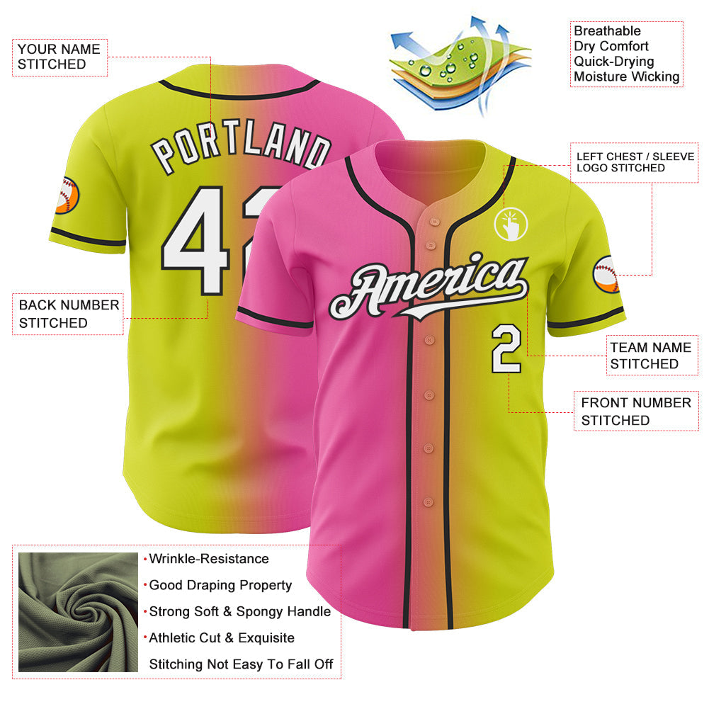Custom Neon Yellow White Pink-Black Authentic Gradient Fashion Baseball Jersey view 3