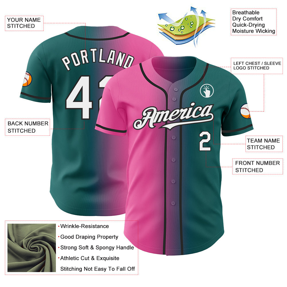 Custom Teal White Pink-Black Authentic Gradient Fashion Baseball Jersey view 3