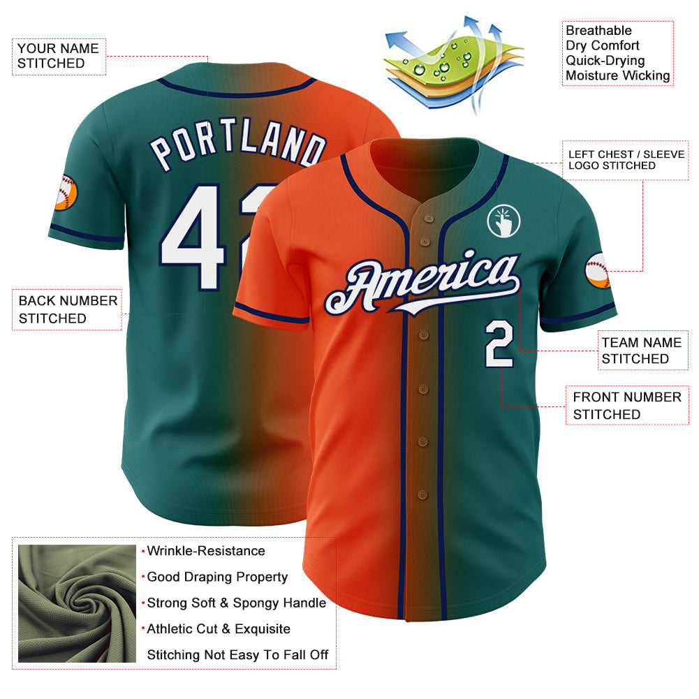Custom Teal White Orange-Navy Authentic Gradient Fashion Baseball Jersey view 3