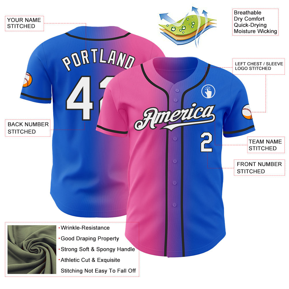 Custom Thunder Blue White Pink-Black Authentic Gradient Fashion Baseball Jersey view 3