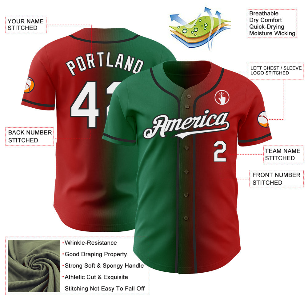 Custom Red White Kelly Green-Black Authentic Gradient Fashion Baseball Jersey view 3