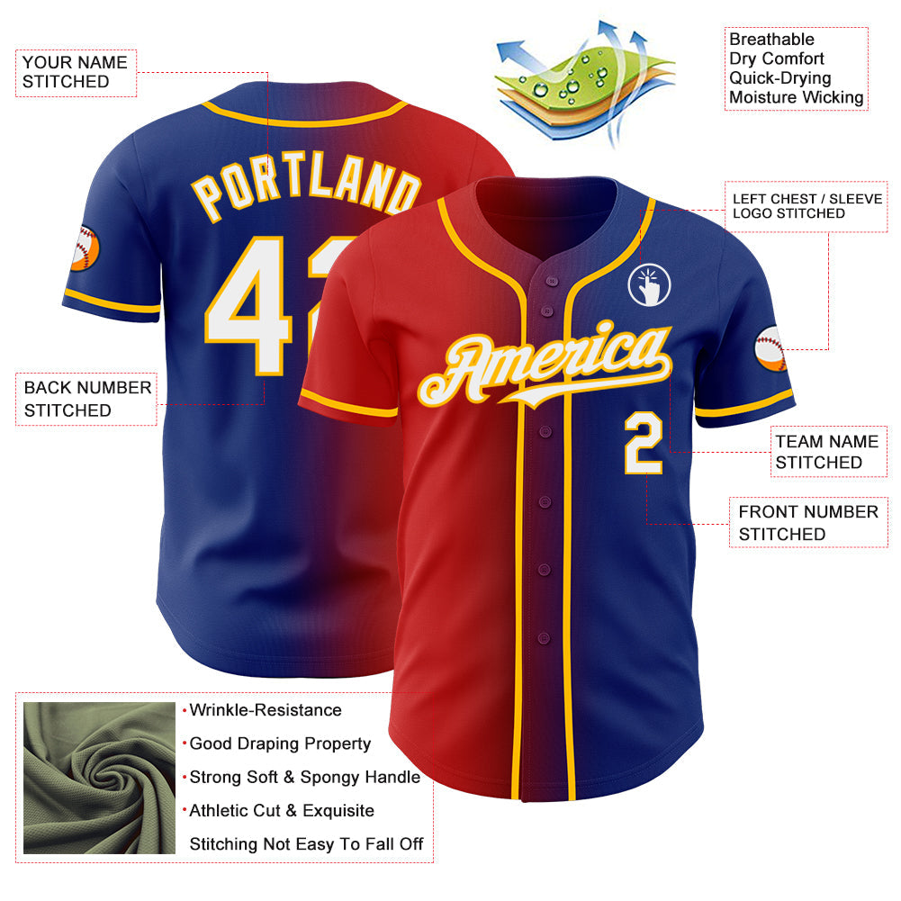 Custom Royal White Red-Gold Authentic Gradient Fashion Baseball Jersey view 3