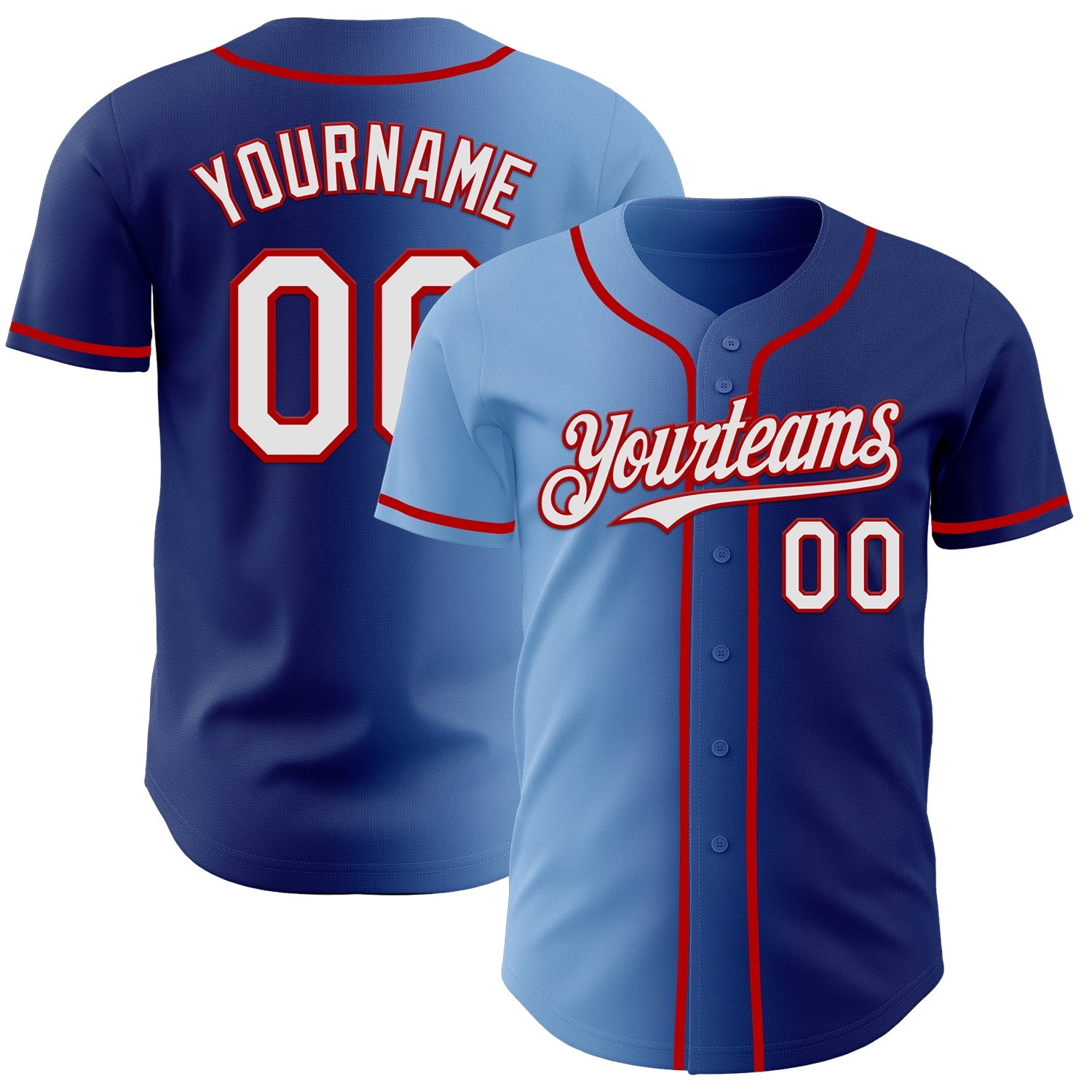 Custom Royal White Light Blue-Red Authentic Gradient Fashion Baseball Jersey - Main View