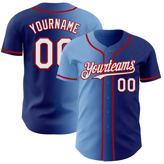 Custom Royal White Light Blue-Red Authentic Gradient Fashion Baseball Jersey - Main View