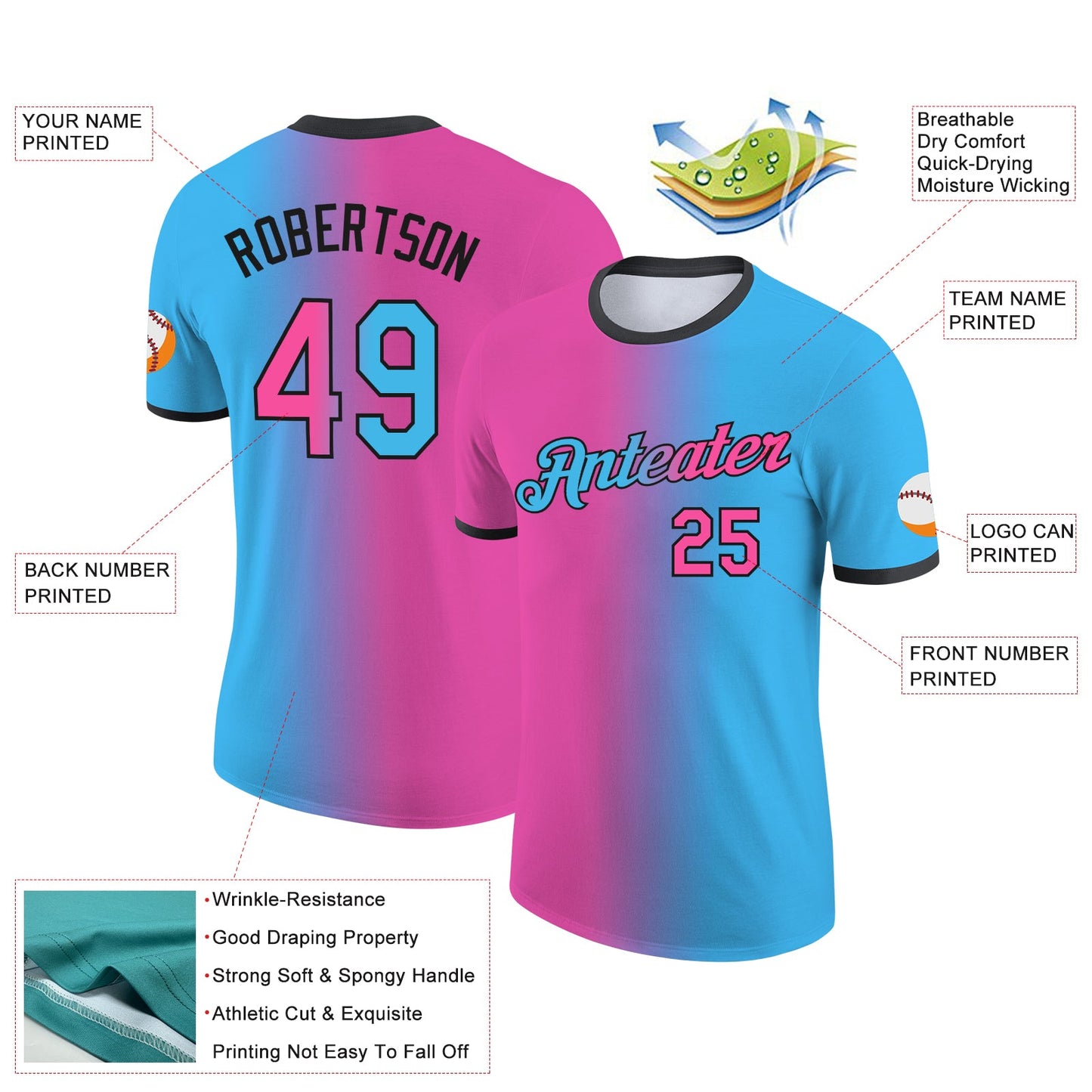 Custom Sky Blue Pink-Black Gradient Fashion Performance T-Shirt view 2