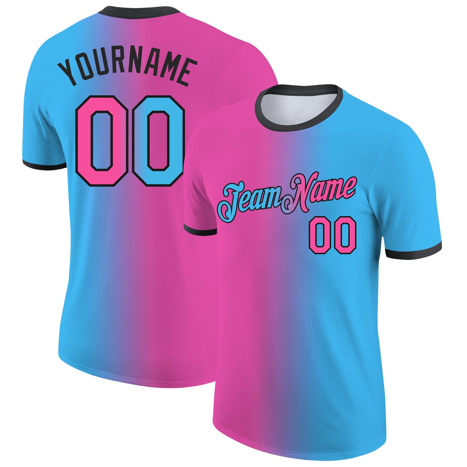 Custom Sky Blue Pink-Black Gradient Fashion Performance T-Shirt - Main View