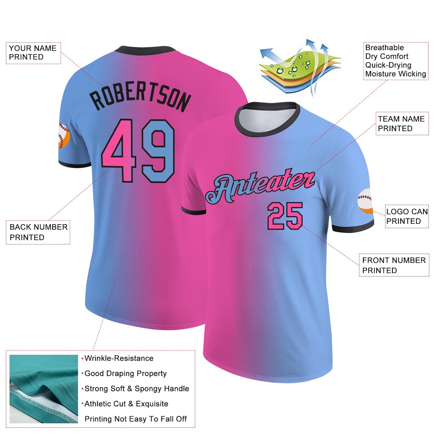 Custom Light Blue Pink-Black Gradient Fashion Performance T-Shirt view 2