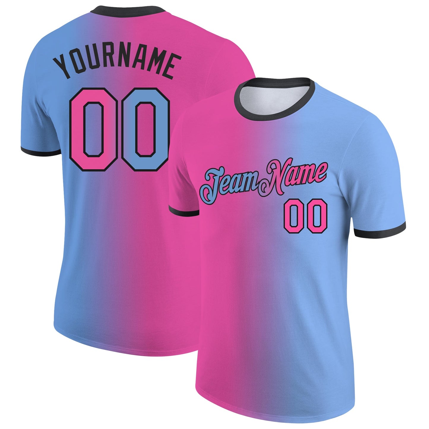 Custom Light Blue Pink-Black Gradient Fashion Performance T-Shirt - Main View