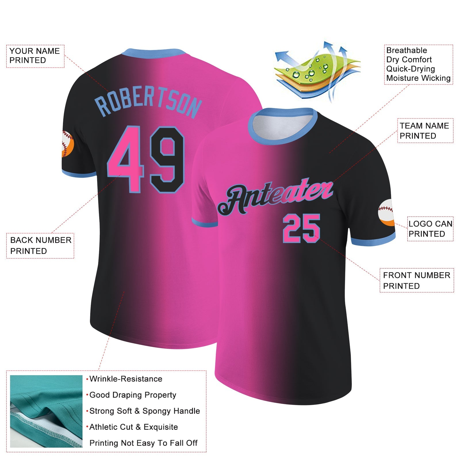 Custom Black Pink-Light Blue Gradient Fashion Performance T-Shirt view 2