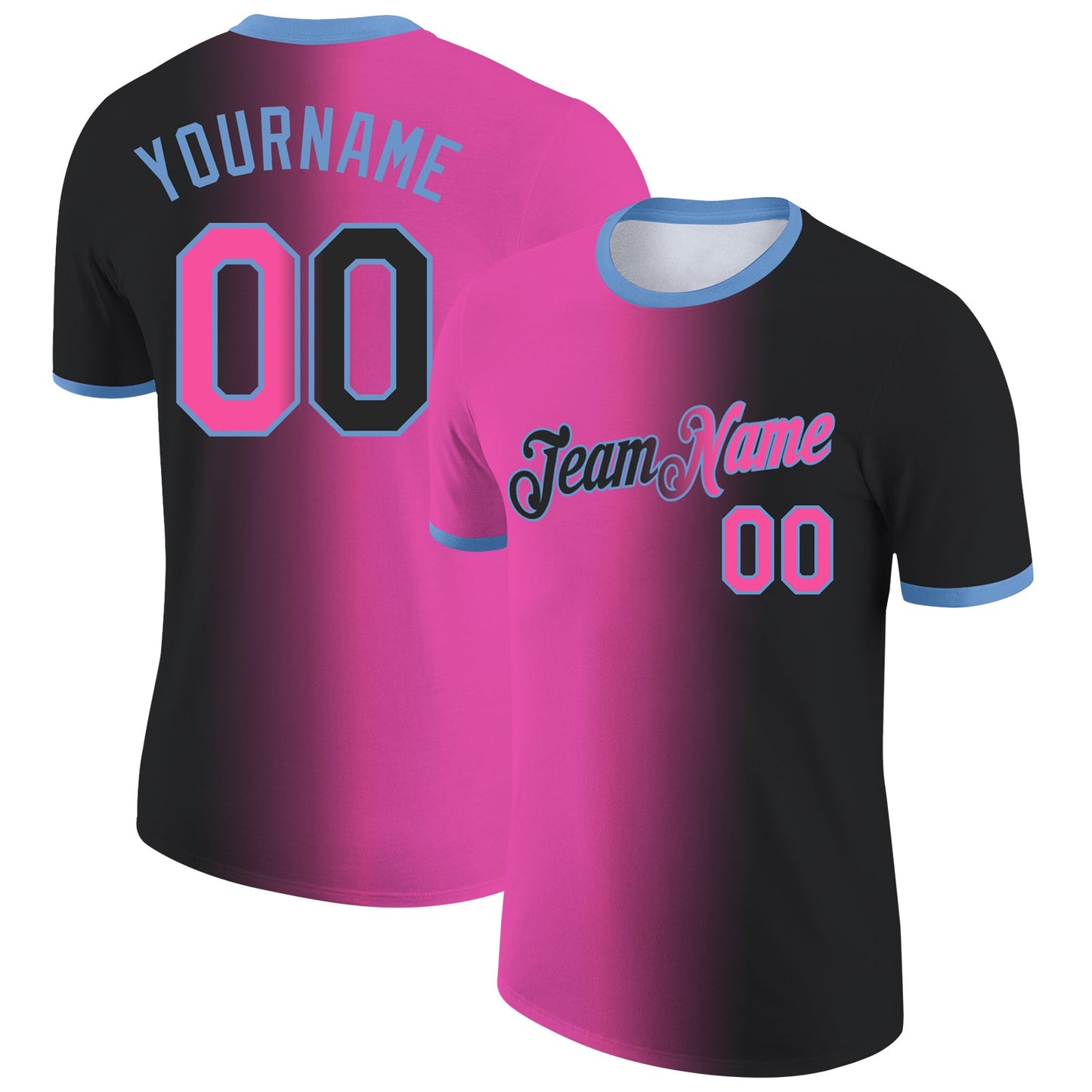 Custom Black Pink-Light Blue Gradient Fashion Performance T-Shirt - Main View