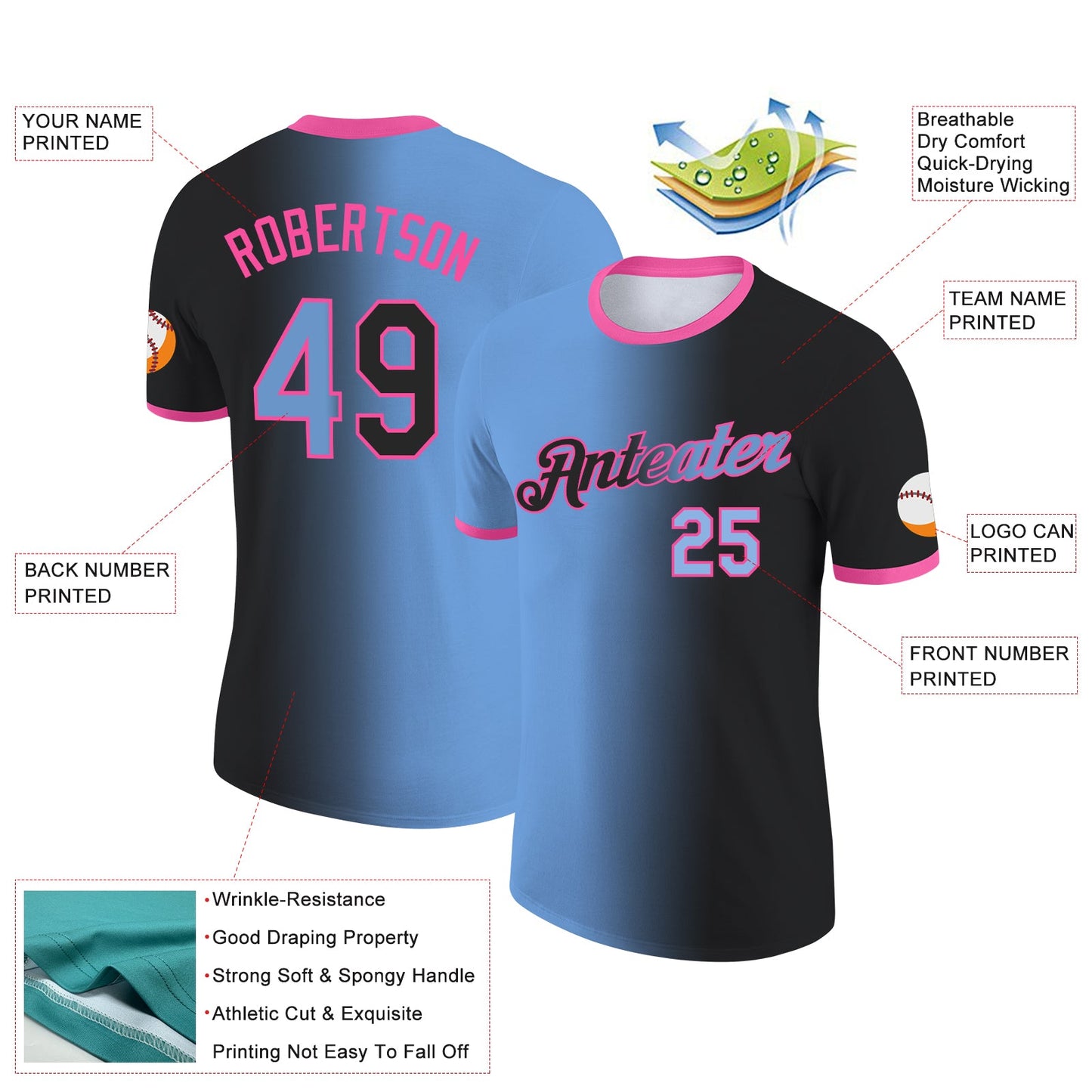 Custom Black Light Blue-Pink Gradient Fashion Performance T-Shirt view 2