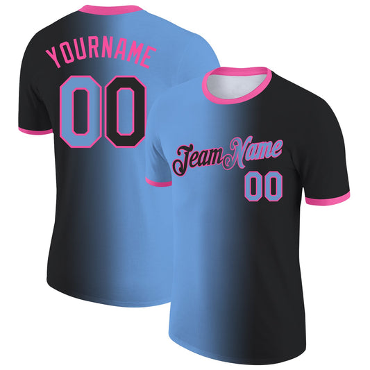 Custom Black Light Blue-Pink Gradient Fashion Performance T-Shirt - Main View