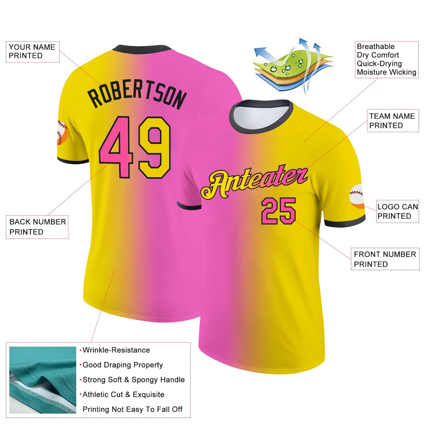 Custom Yellow Pink-Black Gradient Fashion Performance T-Shirt view 2