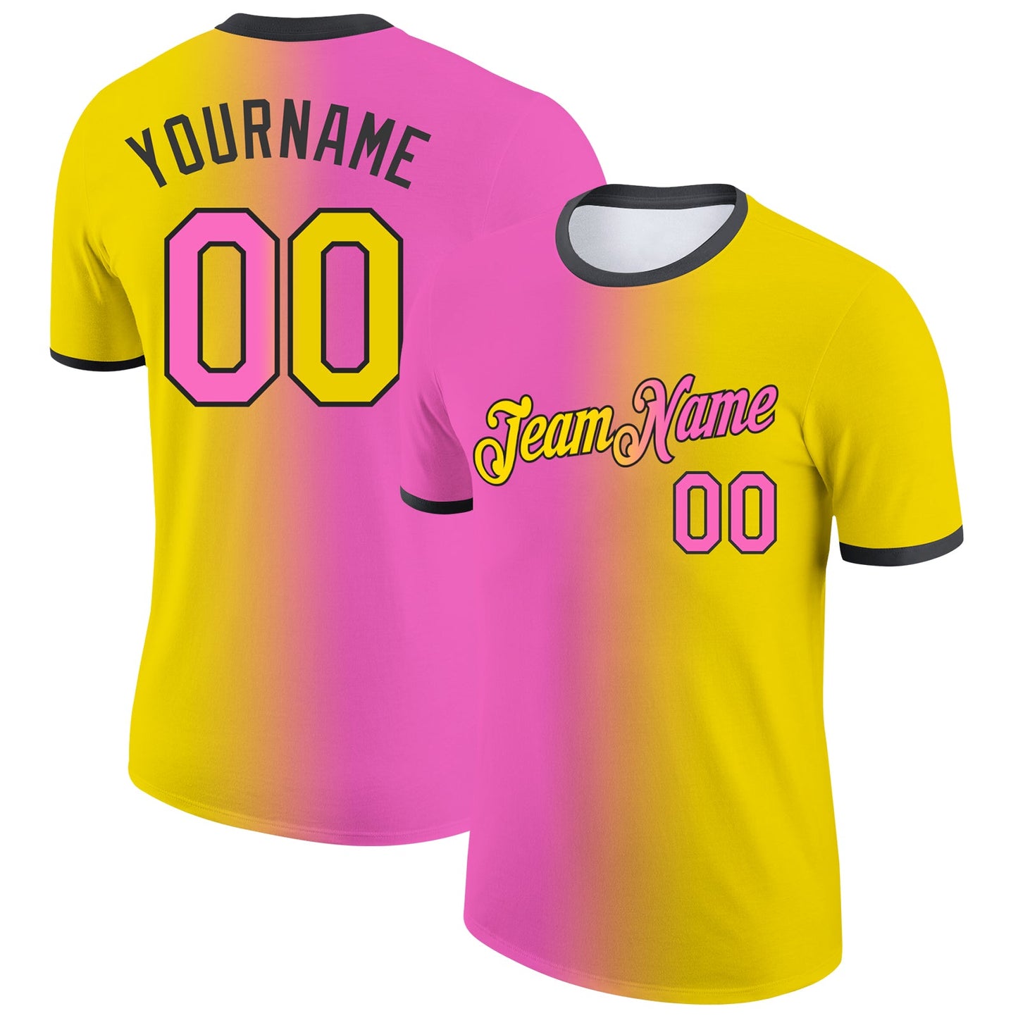 Custom Yellow Pink-Black Gradient Fashion Performance T-Shirt - Main View