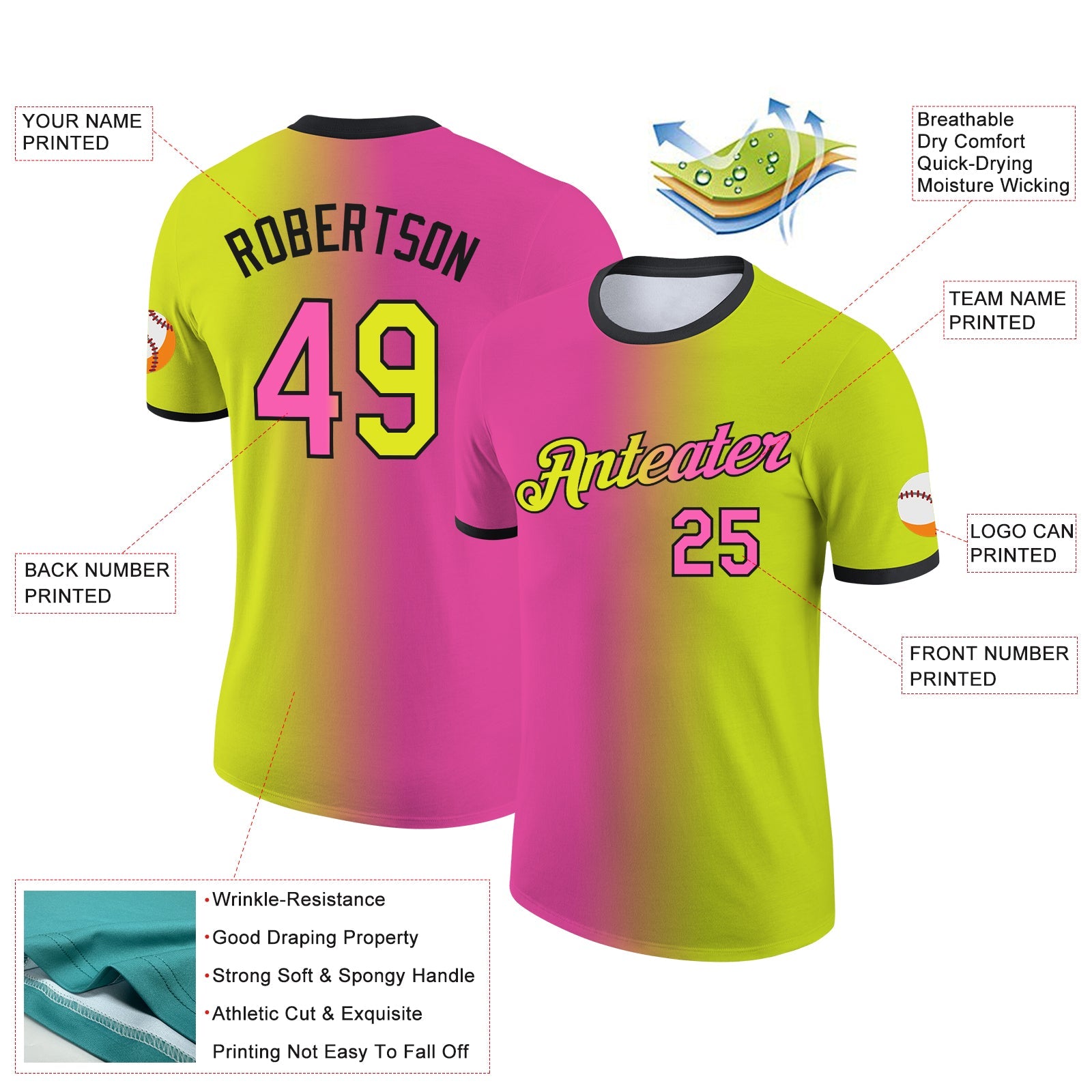 Custom Neon Yellow Pink-Black Gradient Fashion Performance T-Shirt view 2