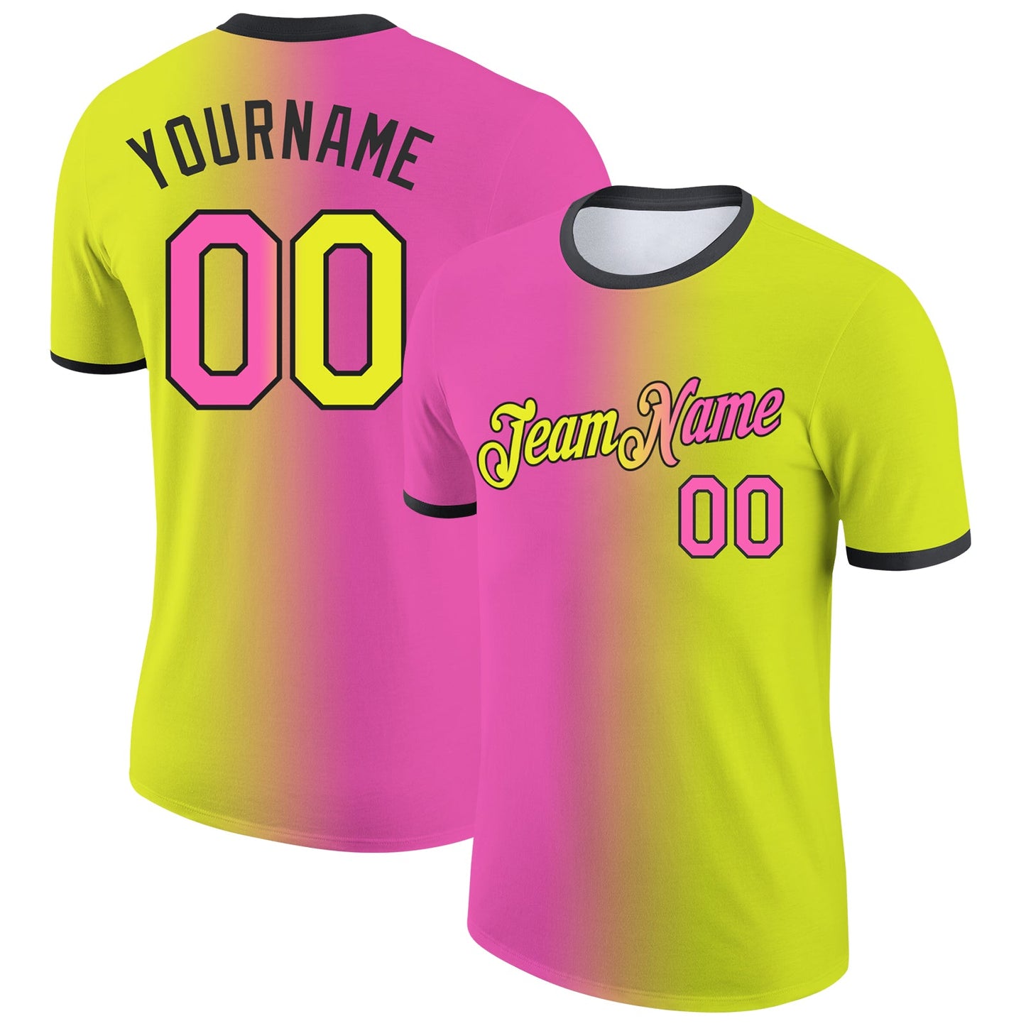 Custom Neon Yellow Pink-Black Gradient Fashion Performance T-Shirt - Main View