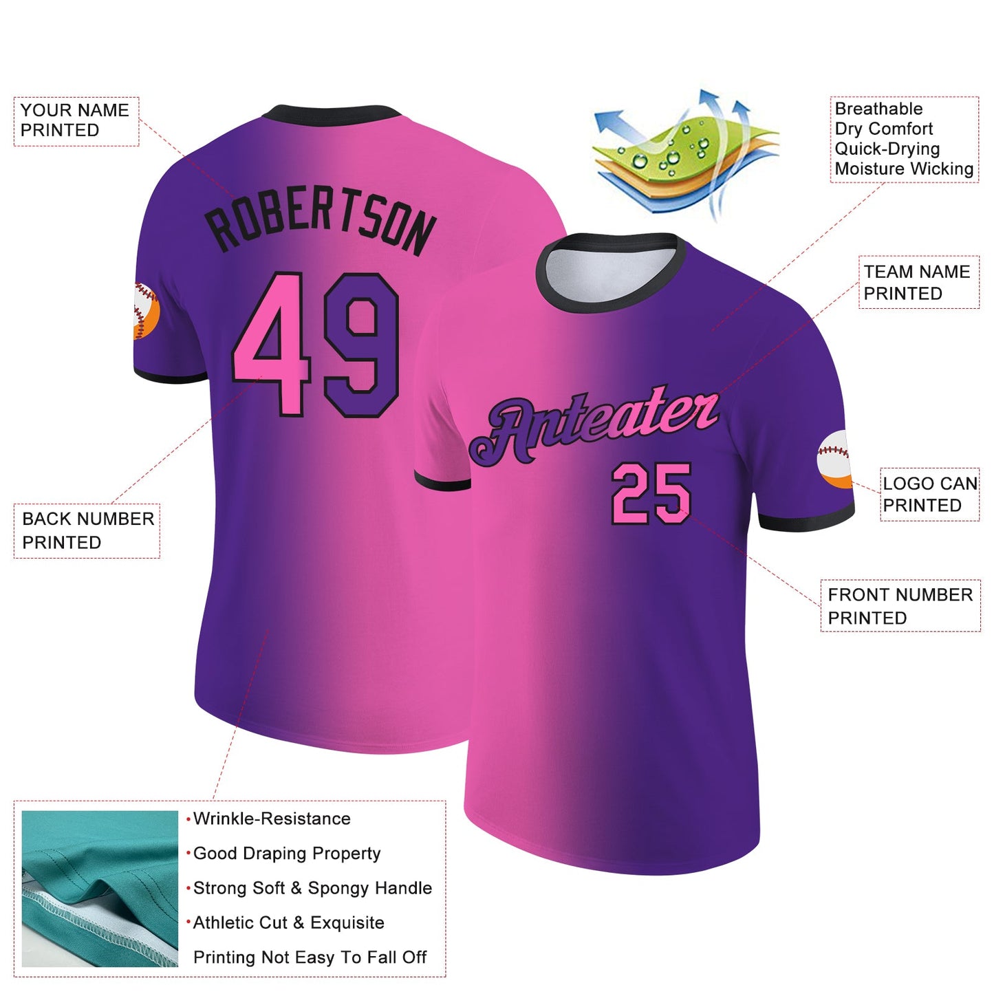 Custom Purple Pink-Black Gradient Fashion Performance T-Shirt view 2