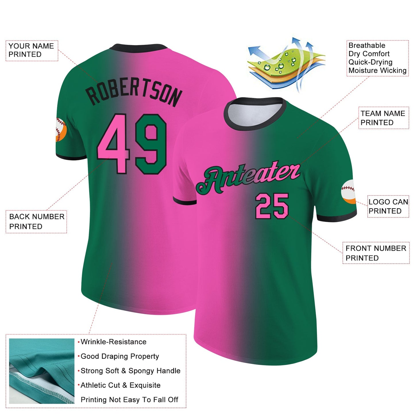 Custom Kelly Green Pink-Black Gradient Fashion Performance T-Shirt view 2