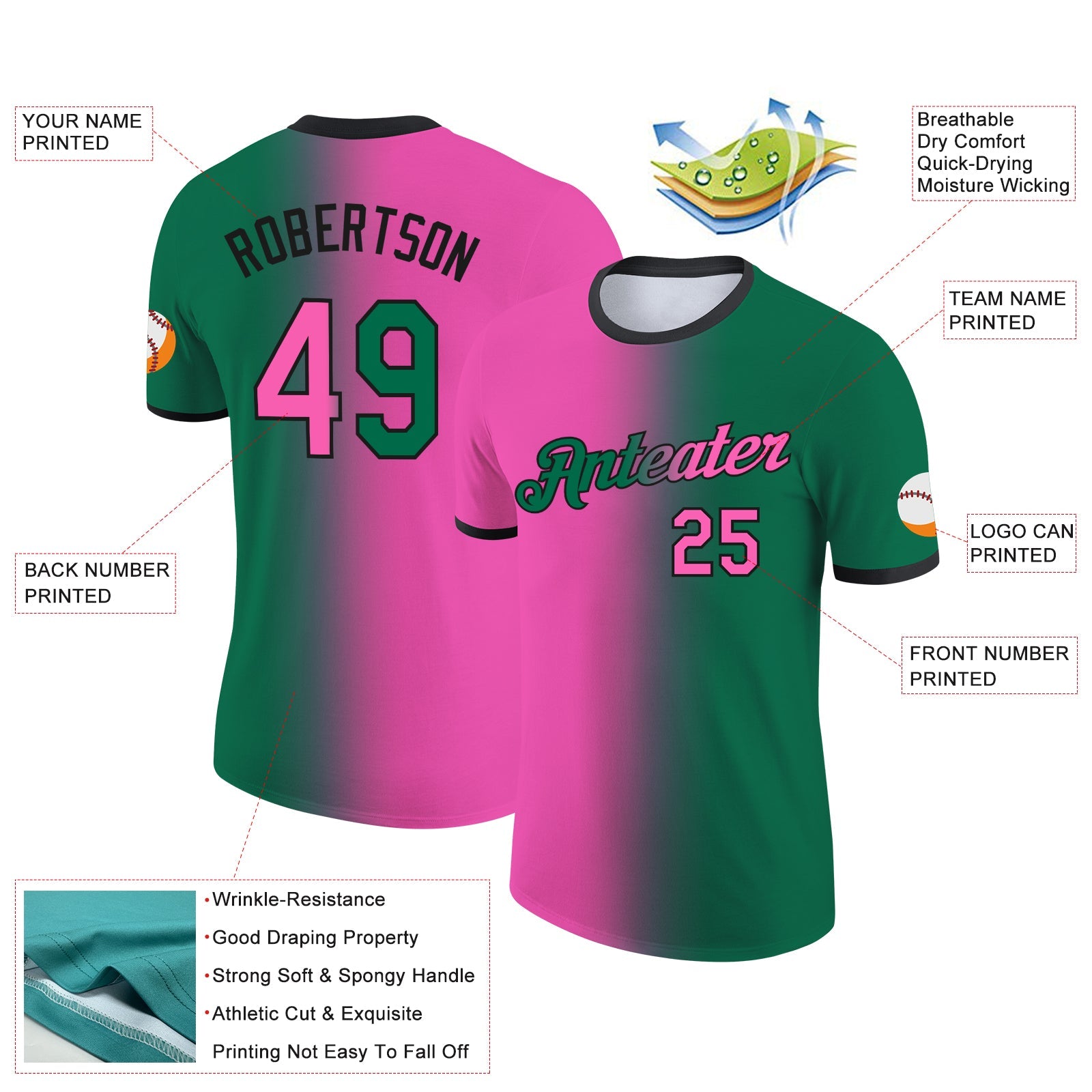 Custom Kelly Green Pink-Black Gradient Fashion Performance T-Shirt view 2