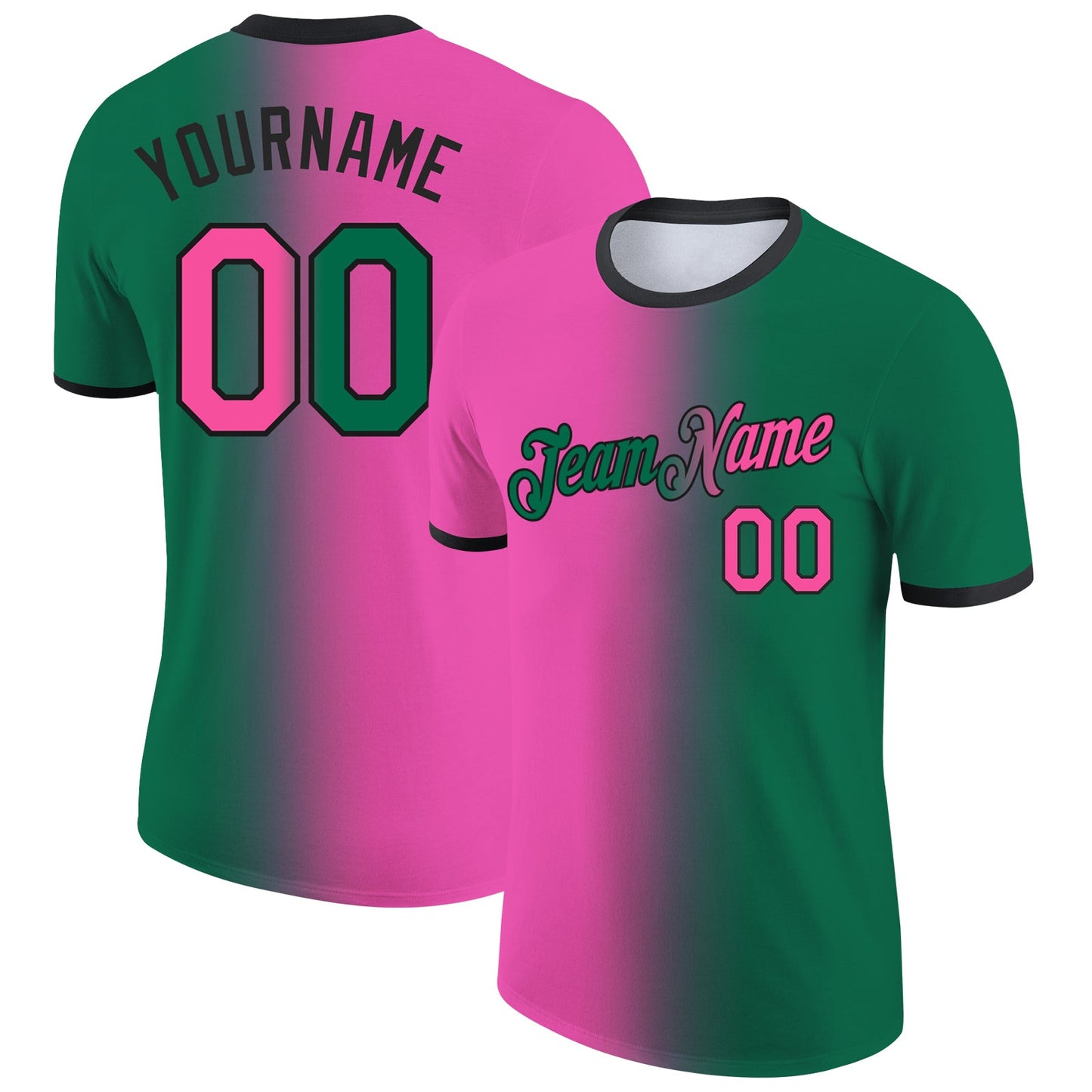 Custom Kelly Green Pink-Black Gradient Fashion Performance T-Shirt - Main View