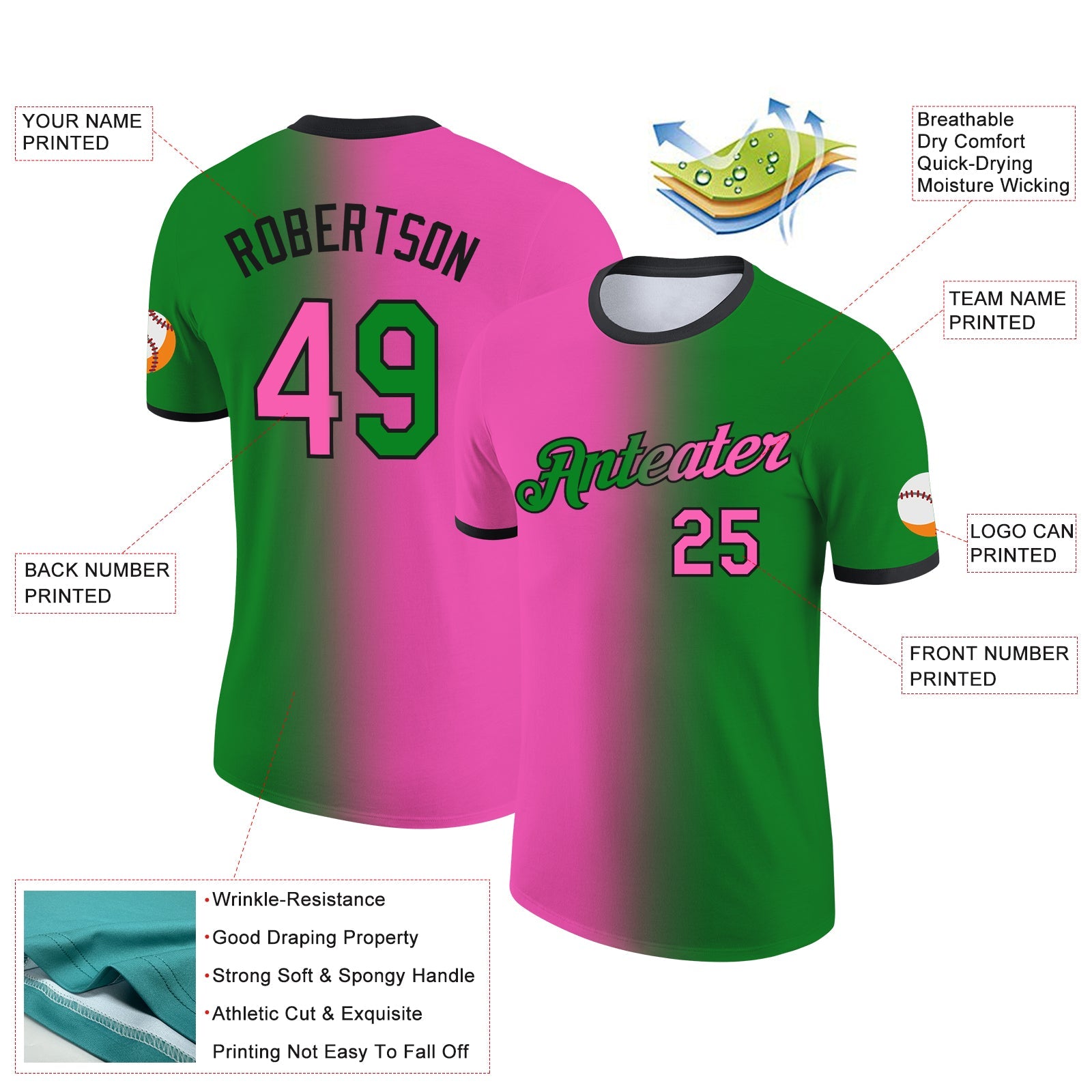 Custom Grass Green Pink-Black Gradient Fashion Performance T-Shirt view 2