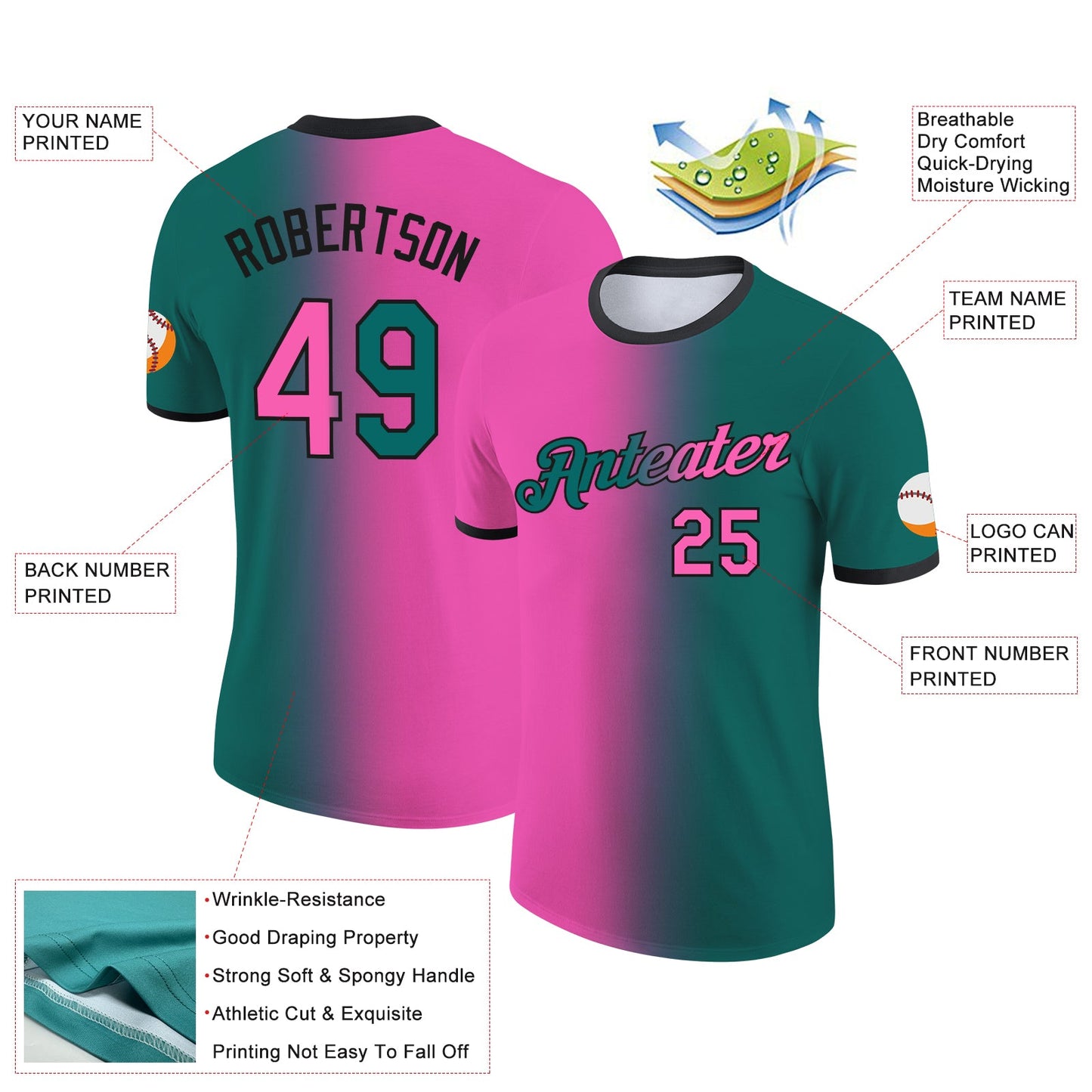 Custom Teal Pink-Black Gradient Fashion Performance T-Shirt view 2