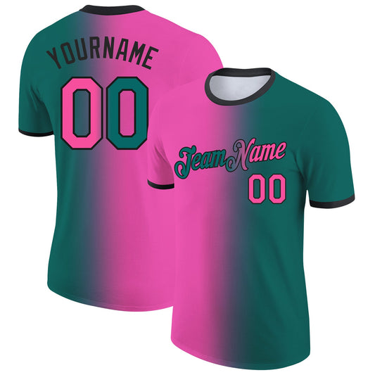 Custom Teal Pink-Black Gradient Fashion Performance T-Shirt - Main View