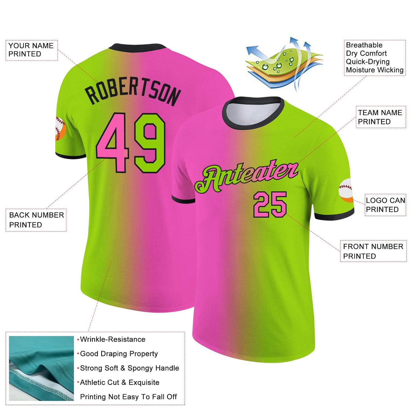 Custom Neon Green Pink-Black Gradient Fashion Performance T-Shirt view 2