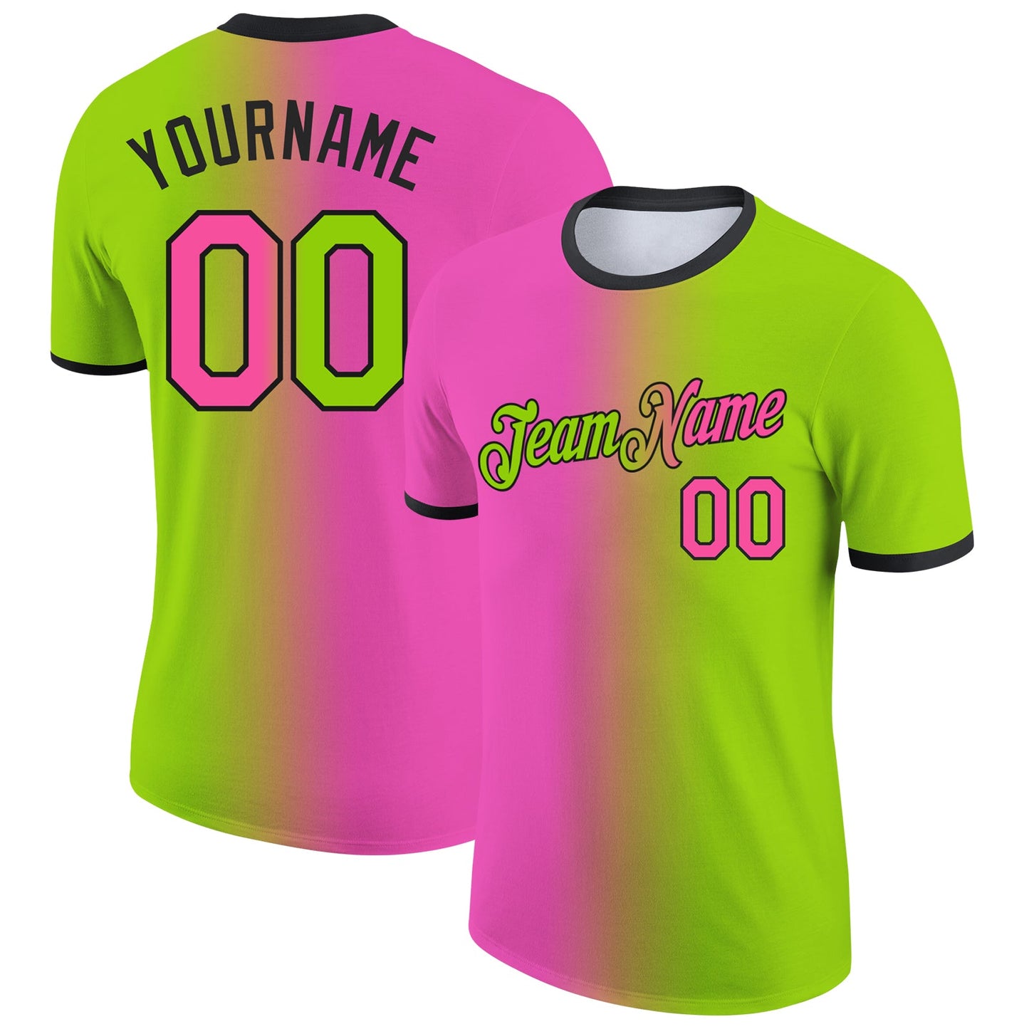 Custom Neon Green Pink-Black Gradient Fashion Performance T-Shirt - Main View
