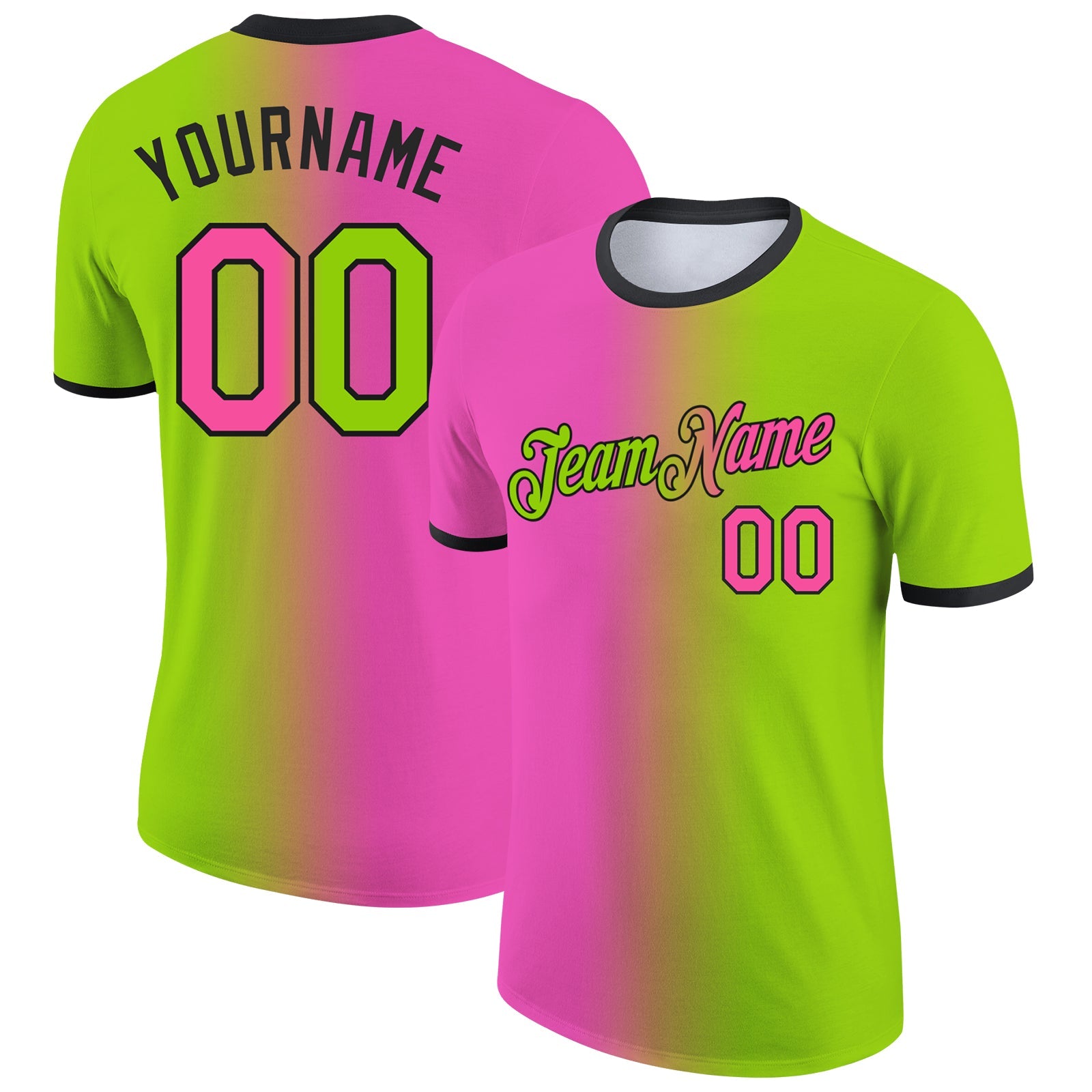 Custom Neon Green Pink-Black Gradient Fashion Performance T-Shirt - Main View